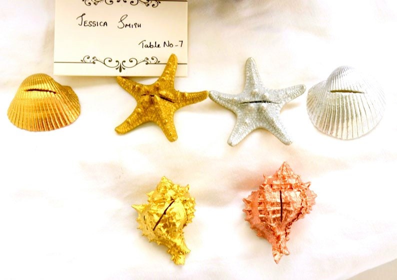 Pack of 15- Escort card holder, Beach Wedding Place Card Holders β Shell Table Decor | Nautical Wedding Favors | Coastal Centerpieces