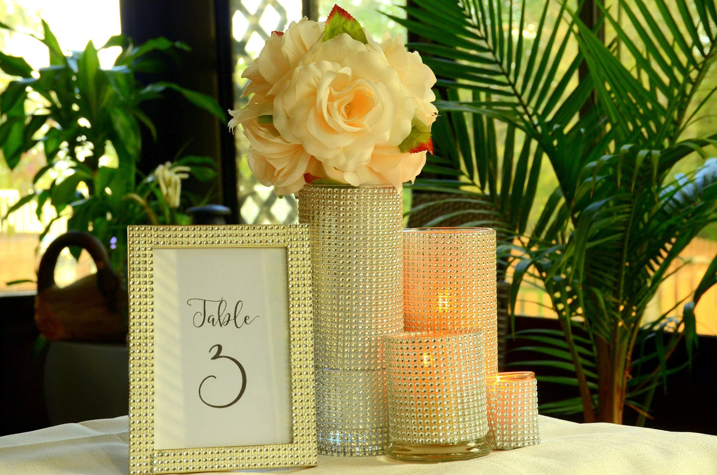 5 piece set - Glam Wedding Centerpiece Set, Silver Rhinestone Vases, Table Decor, Bridal Shower & Reception Decoration, Wedding Table Decor