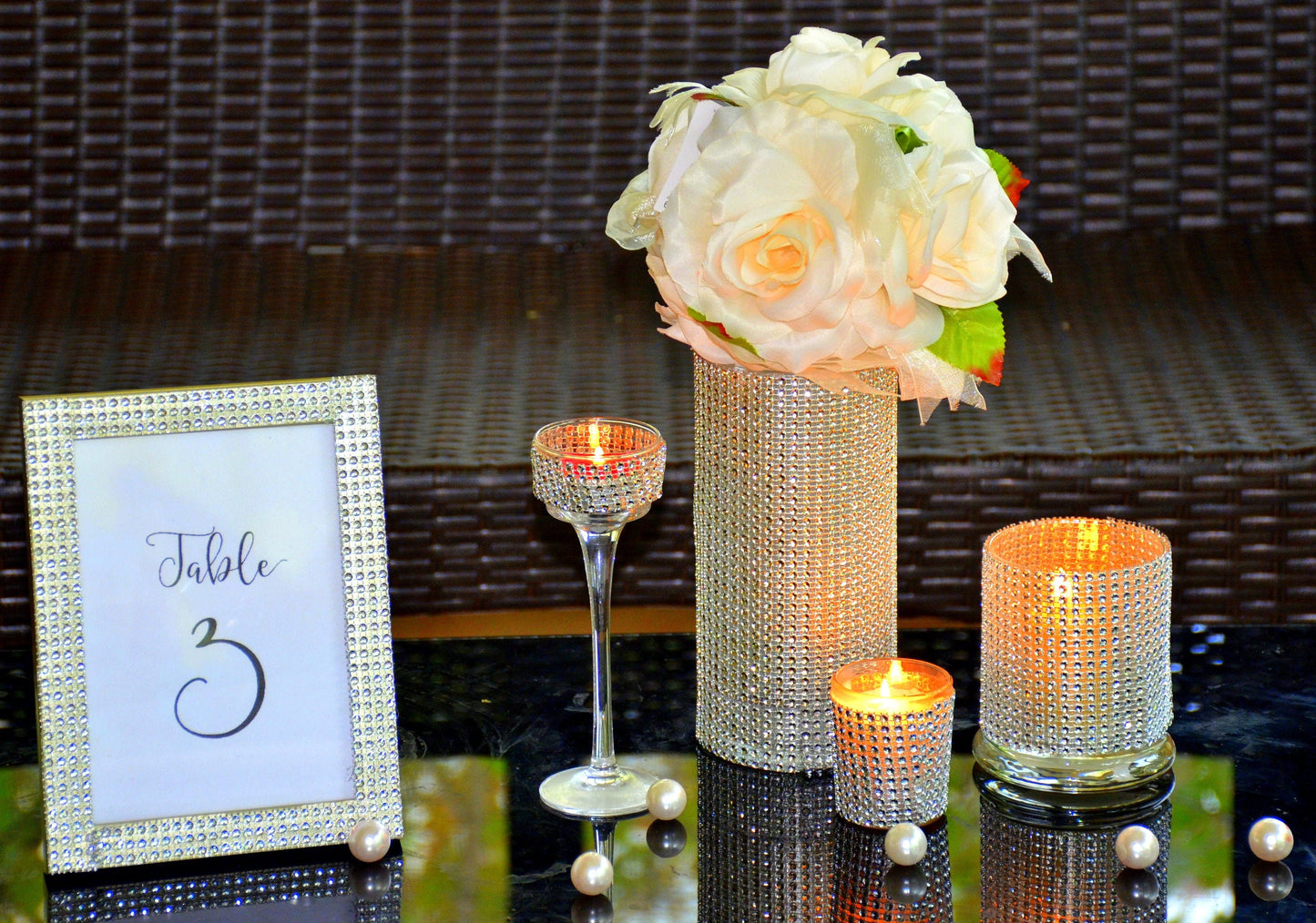 5 Piece Wedding Centerpiece Set, Silver Glitter Rhinestone Vases, Bridal Shower Decor, Glam Sparkle Vase Set, Elegant Wedding Table Decor