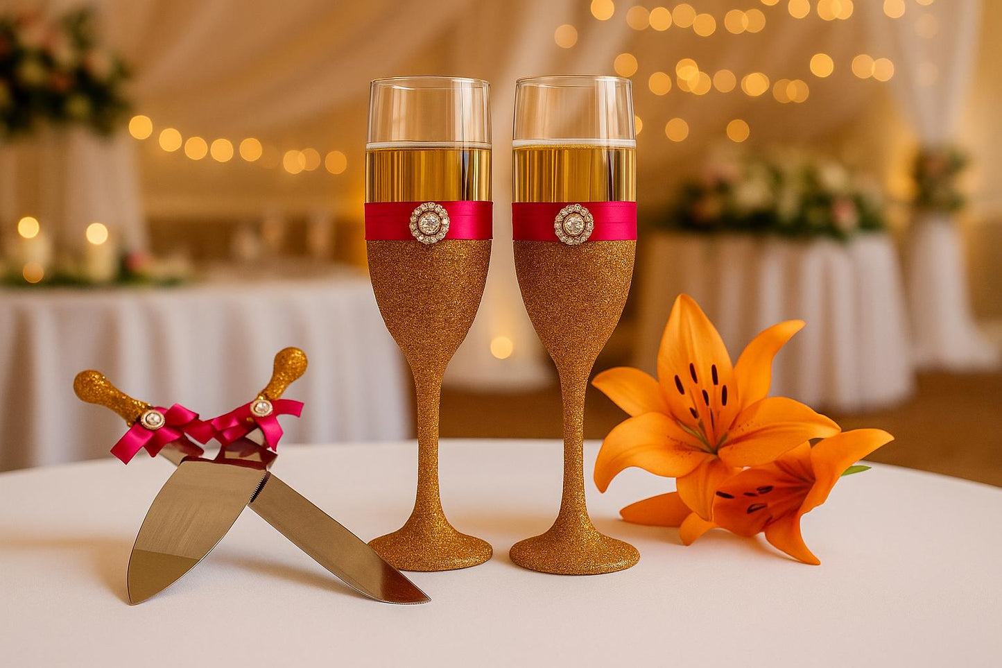 Glitter Flutes & Cake Server Set – Sparkle Champagne Glasses, Wedding Toasting Set, Shiny Cake Cutting Set, Bride Gift Idea, wedding Flute