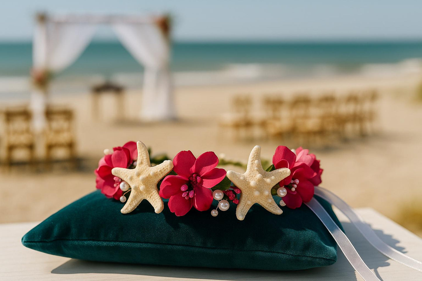 Boho Flower Tiara with Starfish, Floral Bridal Crown, Beach Wedding Tiara, Veil, Bohemian Flower Wreath, Bride Headpiece, Bridal Wreath