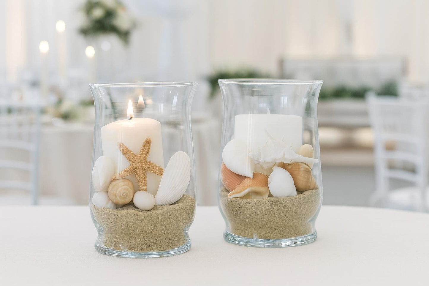 Coastal Wedding Table Decor | Nautical Centerpiece with Starfish & Shells | Beach Theme Reception Decoration | Ocean-Inspired Wedding Decor