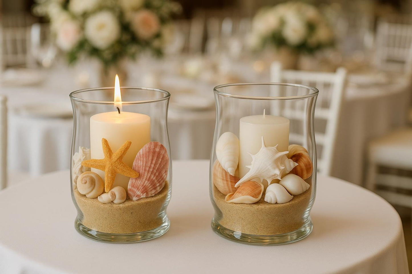 Coastal Wedding Table Decor | Nautical Centerpiece with Starfish & Shells | Beach Theme Reception Decoration | Ocean-Inspired Wedding Decor