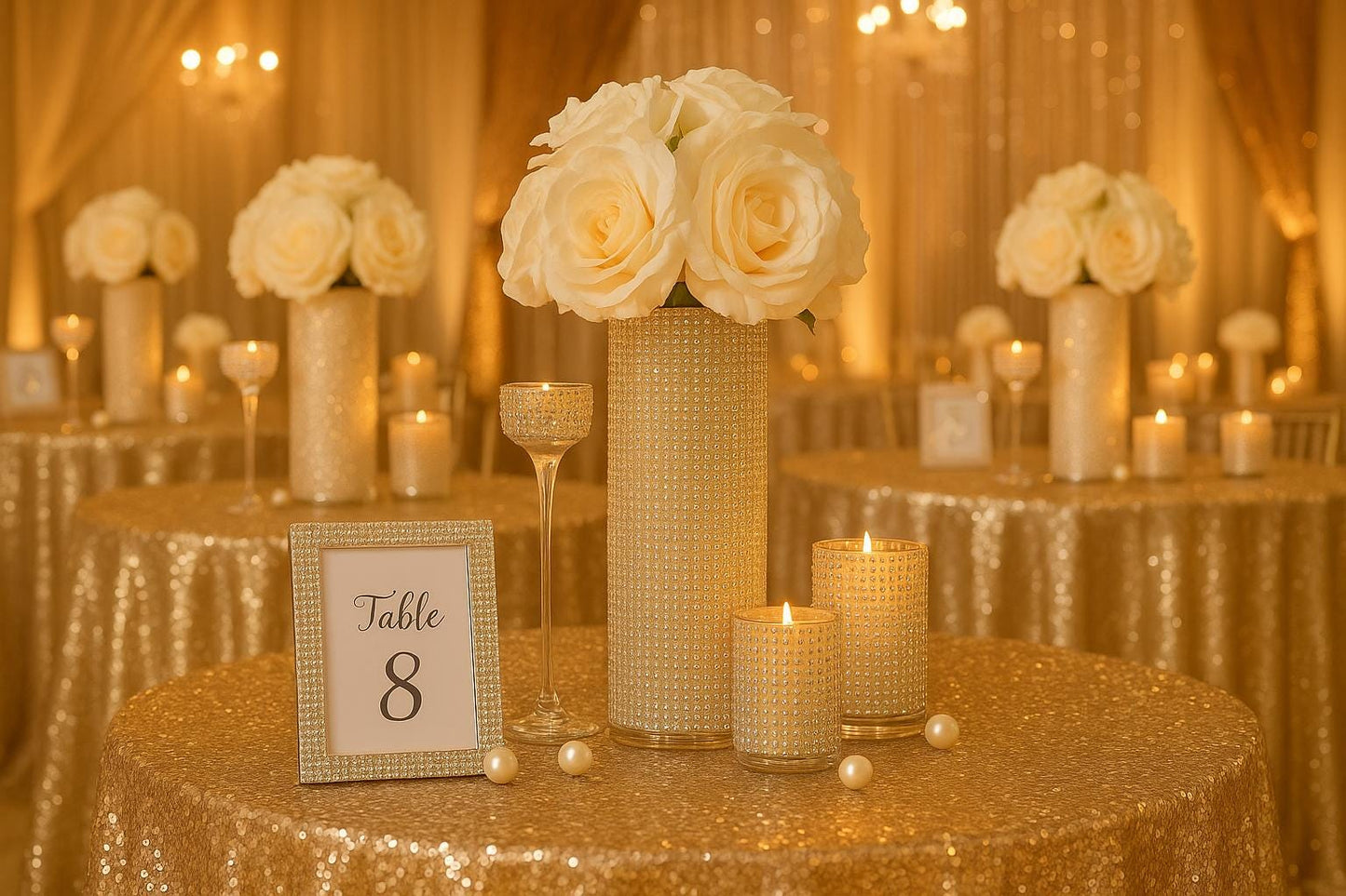5 Piece Wedding Centerpiece Set, Silver Glitter Rhinestone Vases, Bridal Shower Decor, Glam Sparkle Vase Set, Elegant Wedding Table Decor