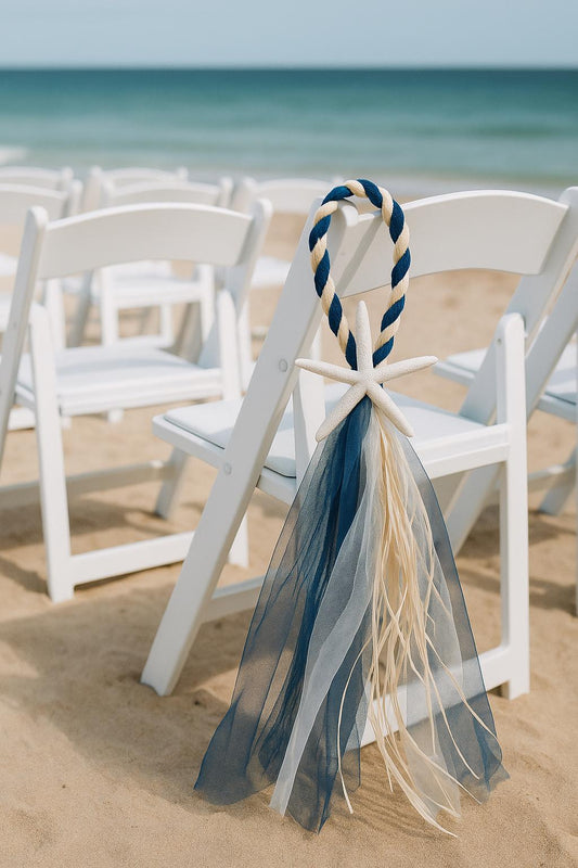 2-Color Nautical Chair Hangers, Raffia Pew Decorations, Wedding Aisle Chair Decor, Beach Ceremony Aisle Markers, Coastal Wedding Decor