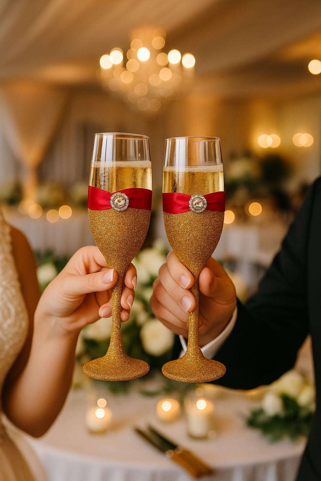 Wedding toast set, Champagne toasting glasses, Glittery toast set, Bride and groom flutes, Rhinestone cake set, Glitter wedding decor