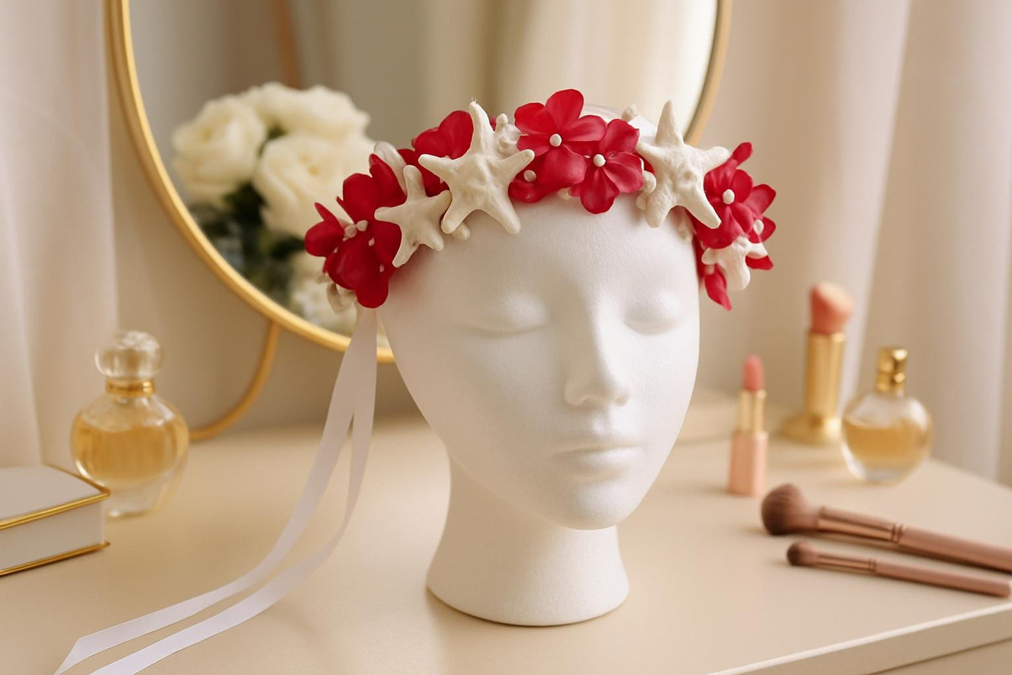 Boho Flower Tiara with Starfish, Floral Bridal Crown, Beach Wedding Tiara, Veil, Bohemian Flower Wreath, Bride Headpiece, Bridal Wreath