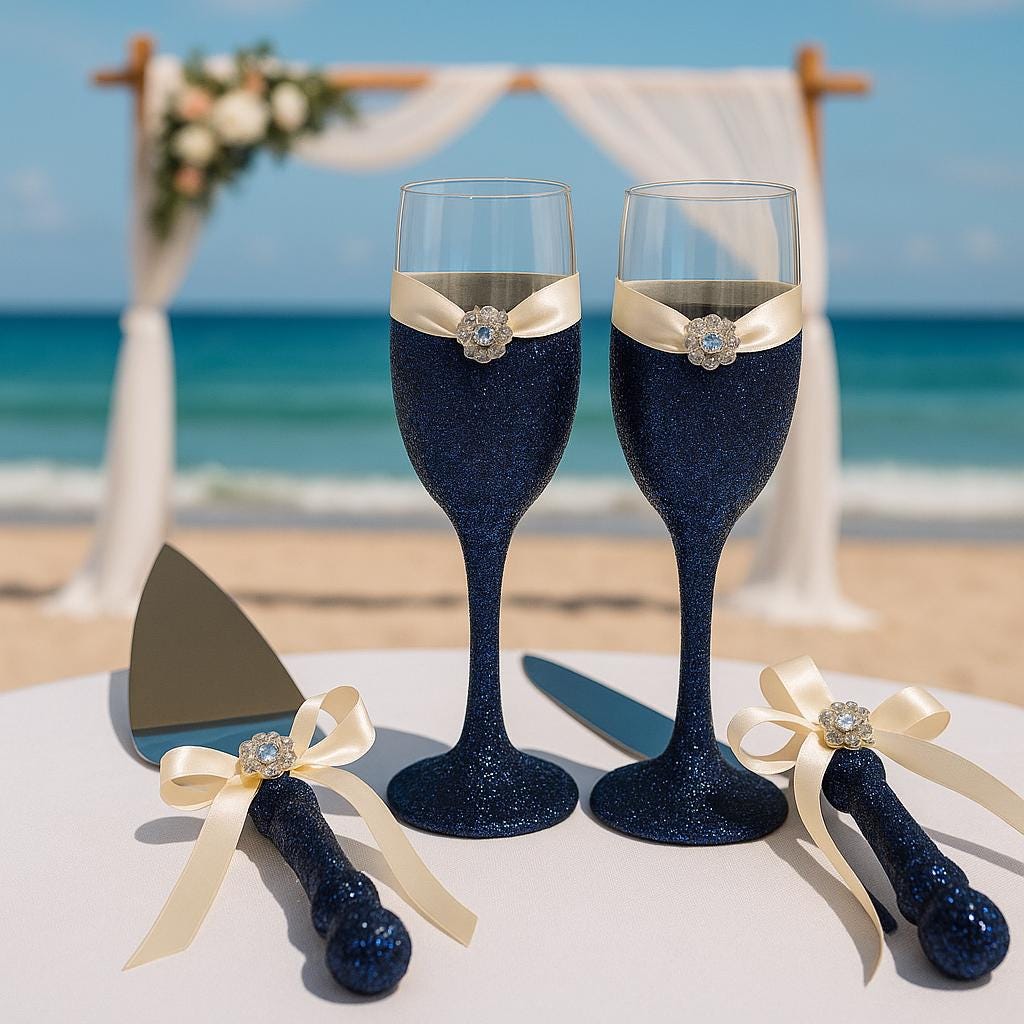 Glitter Flutes & Cake Server Set – Sparkle Champagne Glasses, Wedding Toasting Set, Shiny Cake Cutting Set, Bride Gift Idea, wedding Flute