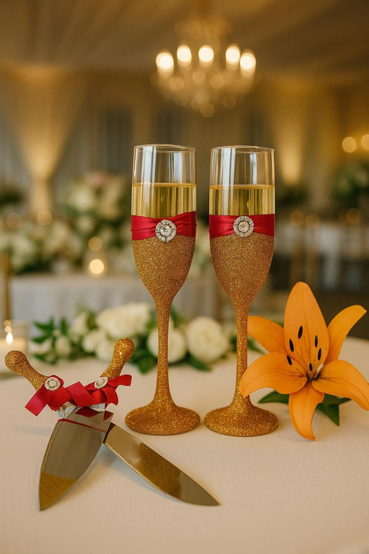 Glitter Flutes & Cake Server Set – Sparkle Champagne Glasses, Wedding Toasting Set, Shiny Cake Cutting Set, Bride Gift Idea, wedding Flute