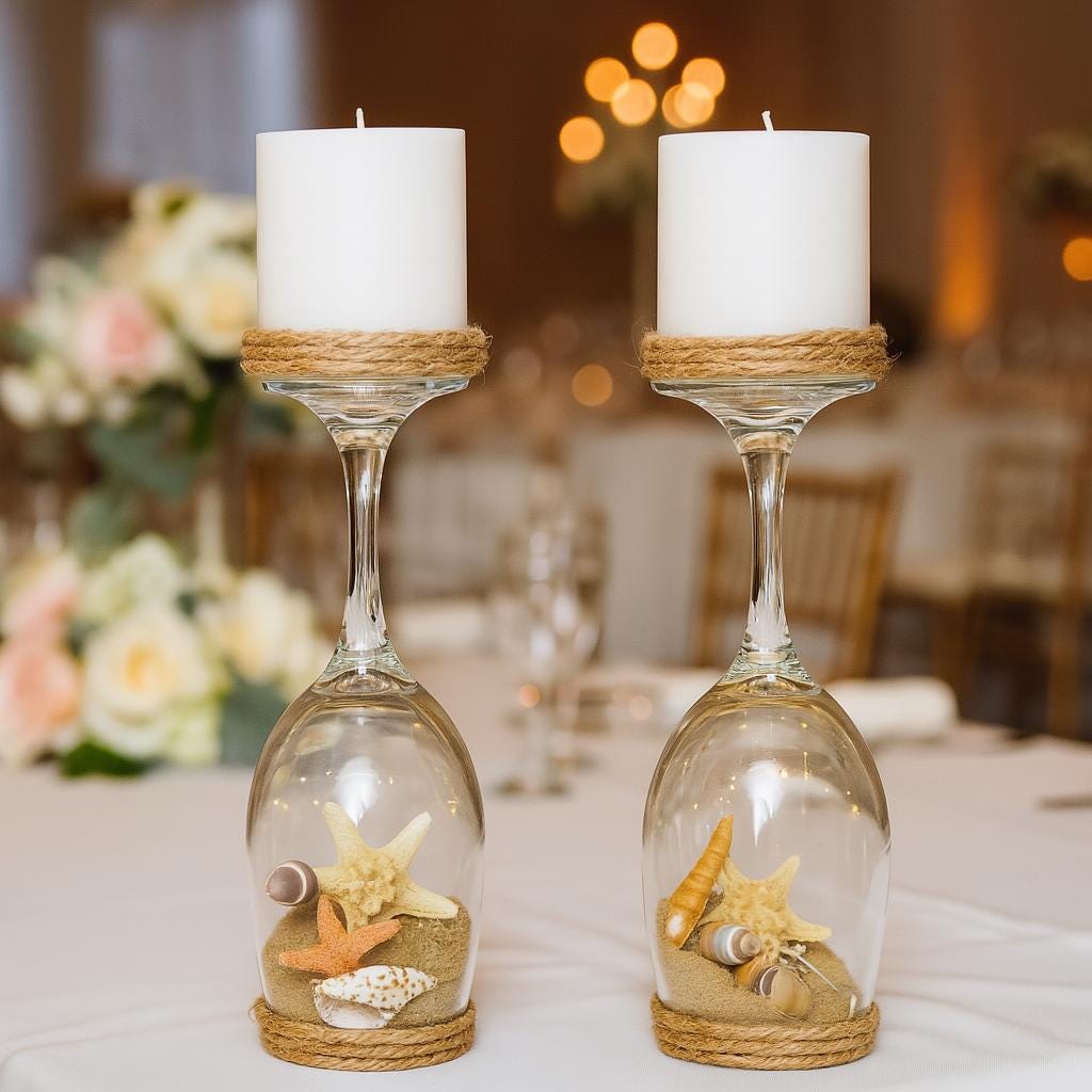 Wine Glass Candle Holders, Beach House Decor wedding Table Centerpiece, Coastal Lake House Bathroom Decor, Nautical Candle, Beach Wedding