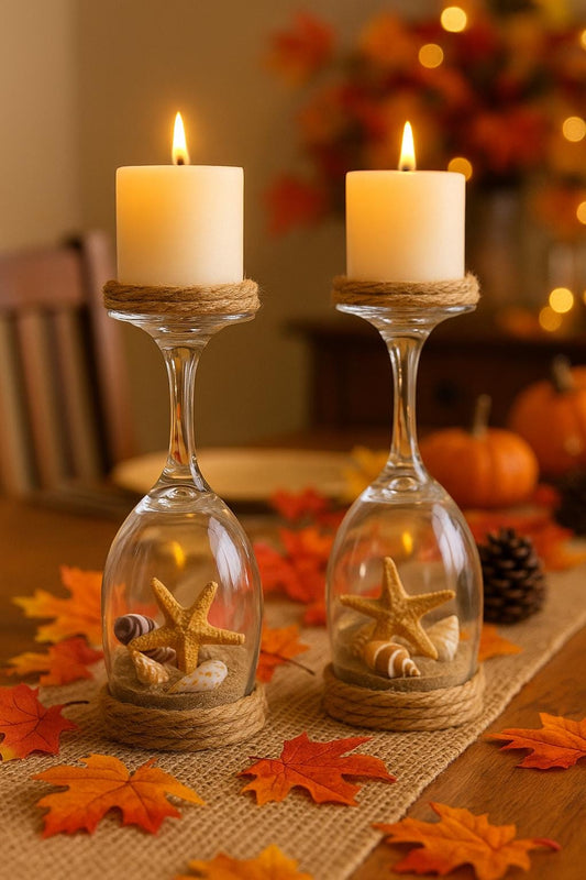 Wine Glass Candle Holders, Beach House Decor wedding Table Centerpiece, Coastal Lake House Bathroom Decor, Nautical Candle, Beach Wedding