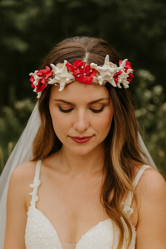 Boho Flower Tiara with Starfish, Floral Bridal Crown, Beach Wedding Tiara, Veil, Bohemian Flower Wreath, Bride Headpiece, Bridal Wreath