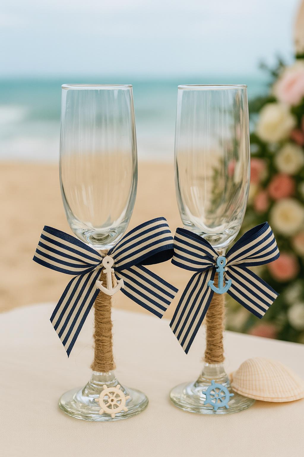 Champagne Glasses, Beach Wedding Champagne Glasses – Nautical Toasting Flutes for Couple, Seashell Wedding Toast Set, Coastal Wedding Toast