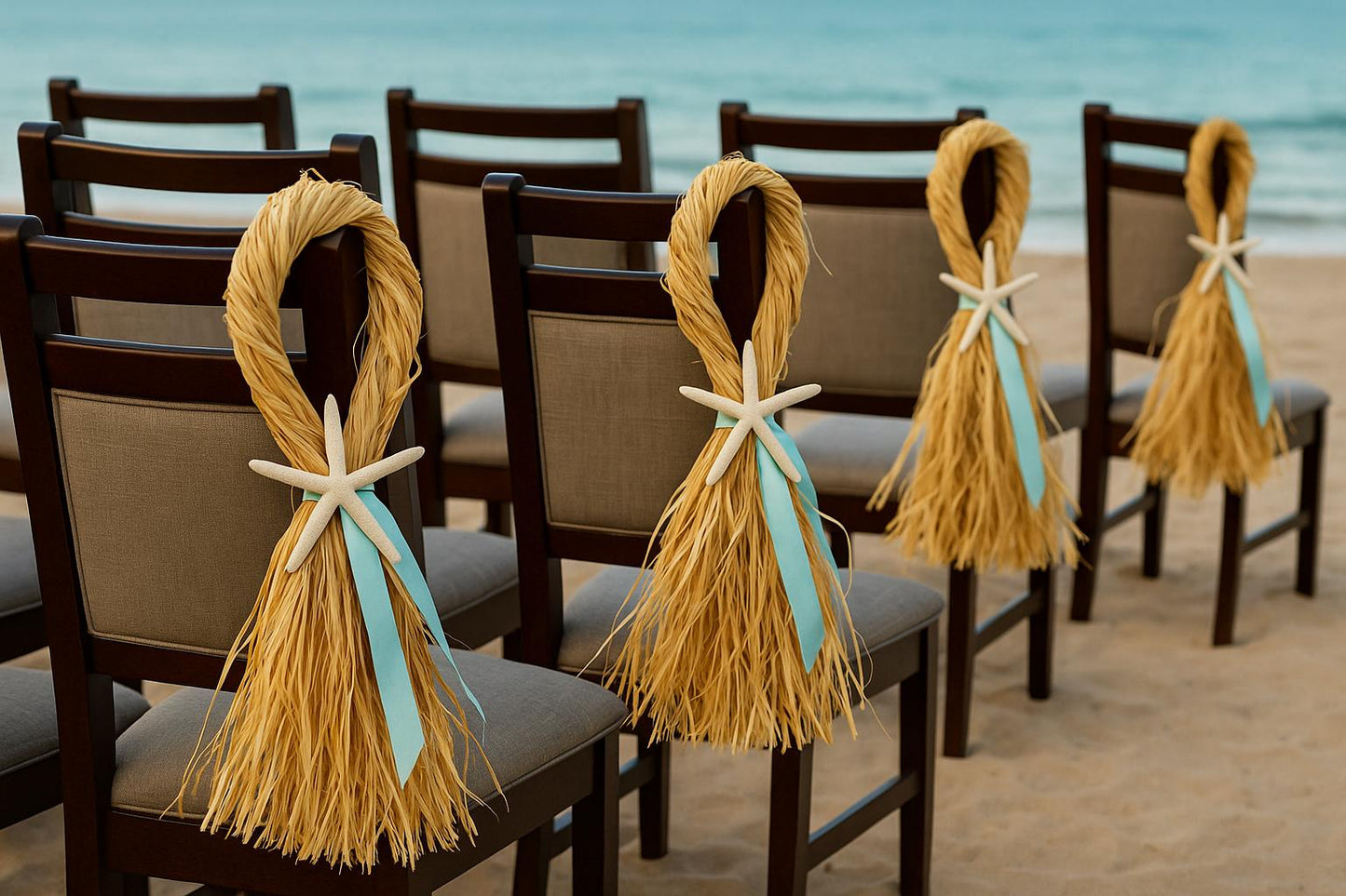 10 - Raffia Beach Wedding Aisle Decorations, Starfish Raffia, Coastal Wedding Aisle Runner, Nautical Chair Hanger, Destination Wedding Aisle