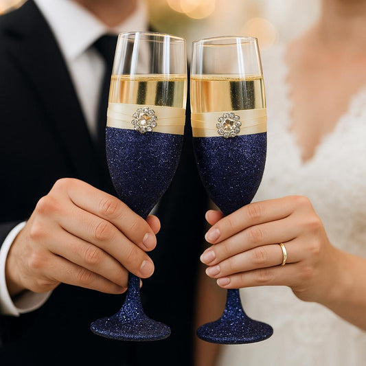 Wedding toast set, Champagne toasting glasses, Glittery toast set, Bride and groom flutes, Rhinestone cake set, Glitter wedding decor