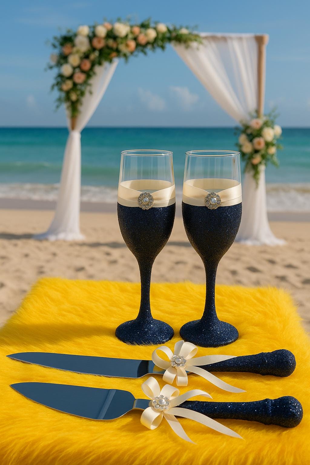 Wedding toast set, Champagne toasting glasses, Glittery toast set, Bride and groom flutes, Rhinestone cake set, Glitter wedding decor