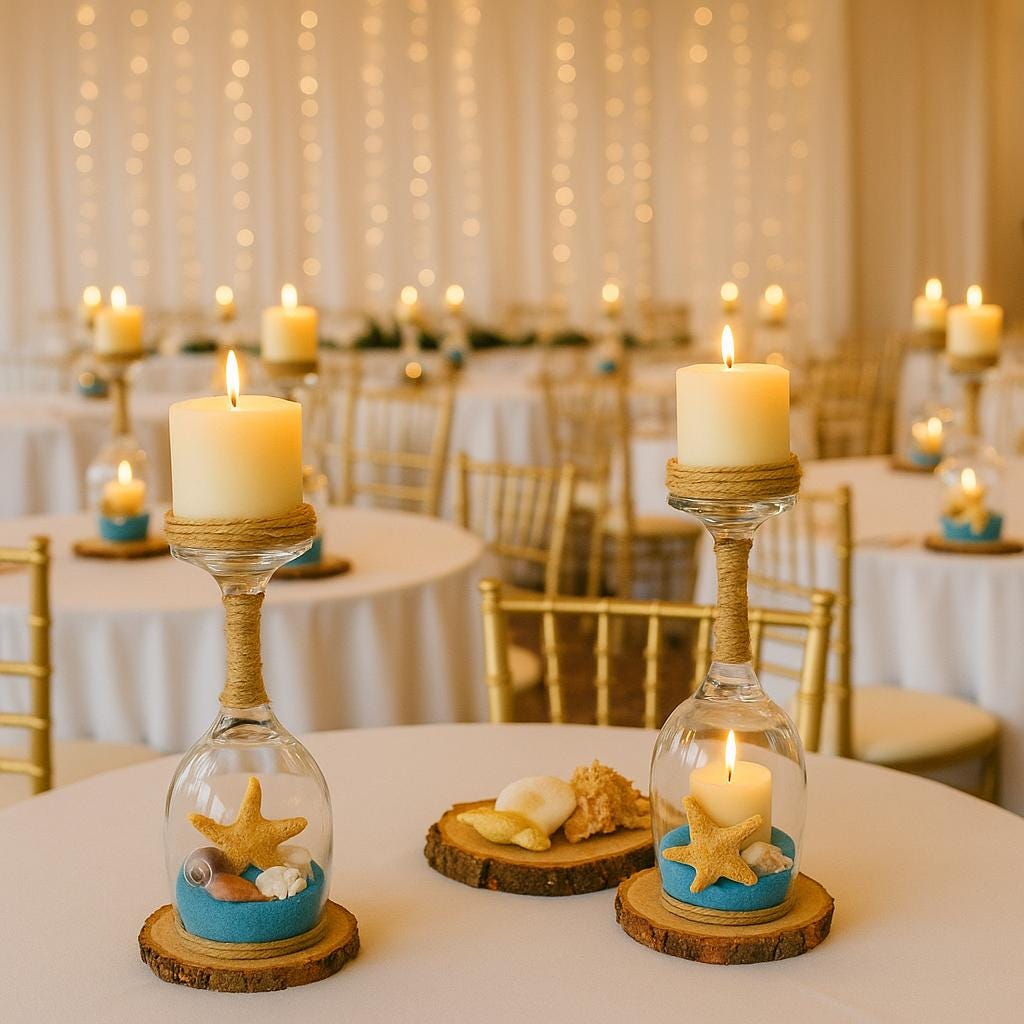 Seashell and Sand Wine Glass Candle Holders, Beach House Decor wedding Table Centerpiece, Coastal Lake House Bathroom Decor, Nautical Candle