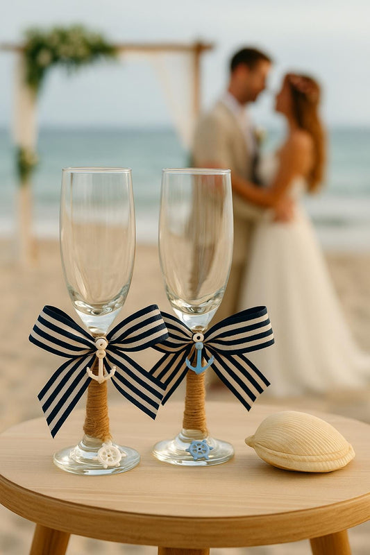 Champagne Glasses, Beach Wedding Champagne Glasses – Nautical Toasting Flutes for Couple, Seashell Wedding Toast Set, Coastal Wedding Toast