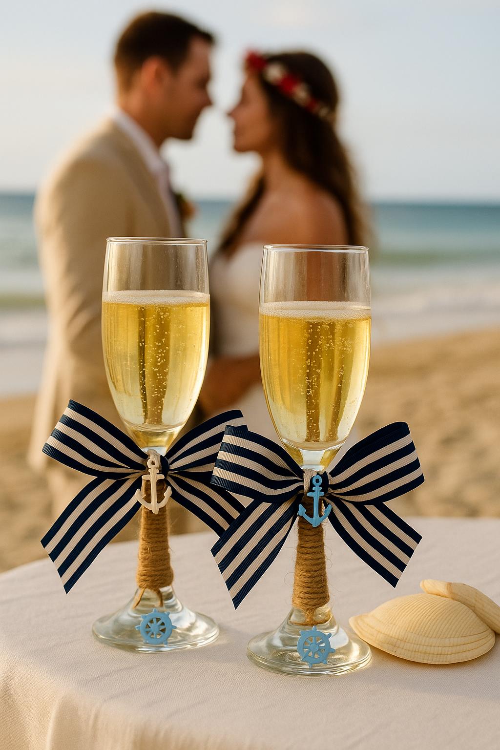 Champagne Glasses, Beach Wedding Champagne Glasses – Nautical Toasting Flutes for Couple, Seashell Wedding Toast Set, Coastal Wedding Toast