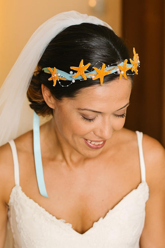 Starfish Bridal Tiara, Mermaid Crown, Floral Headband, Seashell Tiara Starfish Veil, Beach Wedding Hairpiece Boho Bride Crown, Wedding Tiara