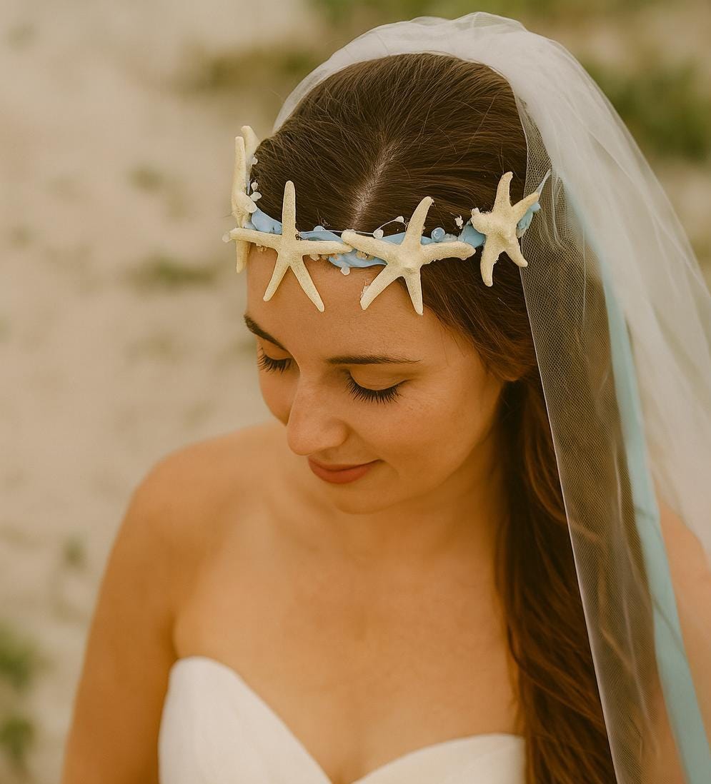Starfish Bridal Tiara, Mermaid Crown, Floral Headband, Seashell Tiara Starfish Veil, Beach Wedding Hairpiece Boho Bride Crown, Wedding Tiara
