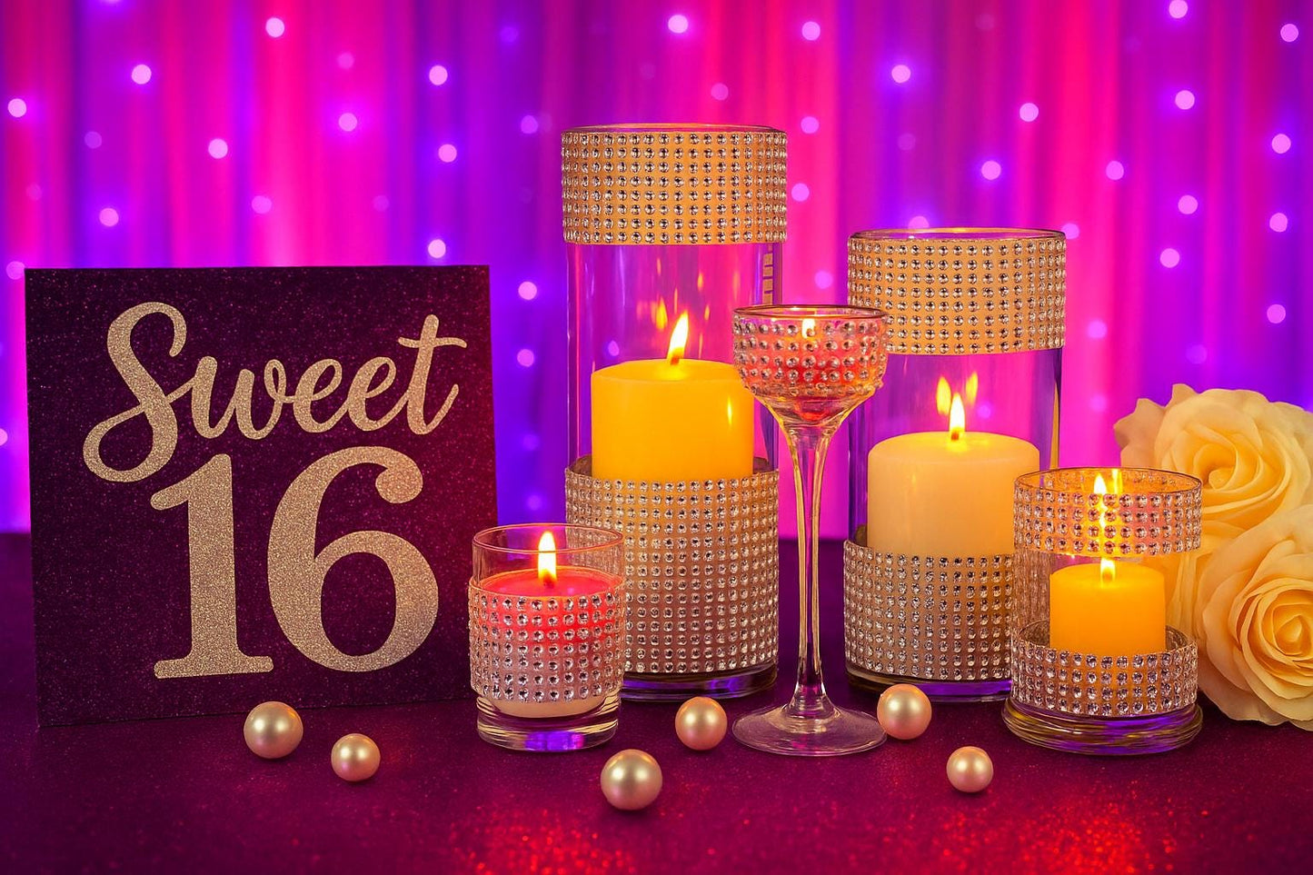 5-Piece sweet 16 decor, Rhinestone Wedding Centerpieces, Sparkle Vases for Bridal Shower, Glam Wedding Decor, Bridal Shower decor, Bling