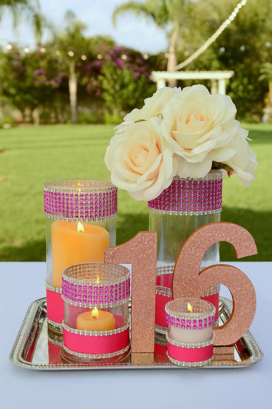 Wedding Centerpiece Set, Glam Cylinder Vases, Bridal Shower Decor, Sparkle Rhinestone Vases, Elegant Wedding Table Decoration - Set of 4